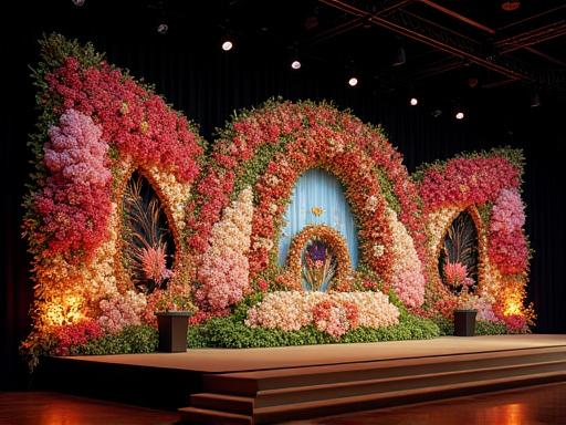 企業イベントのステージ装花 (Stage floral decoration for a corporate event)