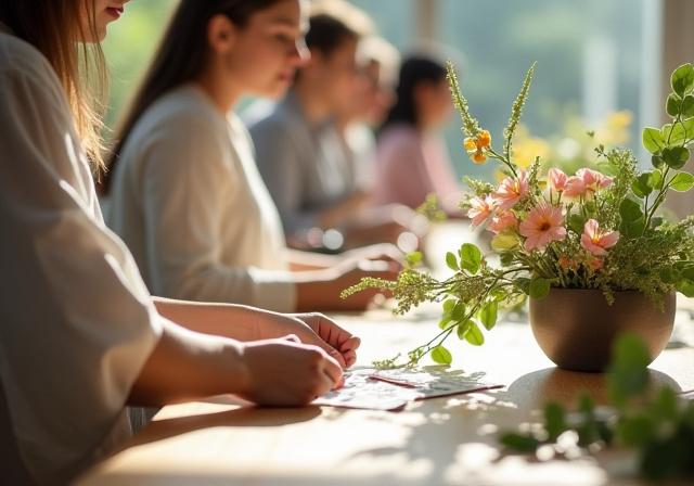 生け花ワークショップで作品を制作する参加者 (A participant creating an arrangement in an Ikebana workshop)